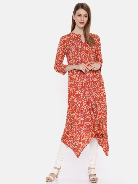 

Global Desi Women Rust Red & Beige Printed A-Line Kurta