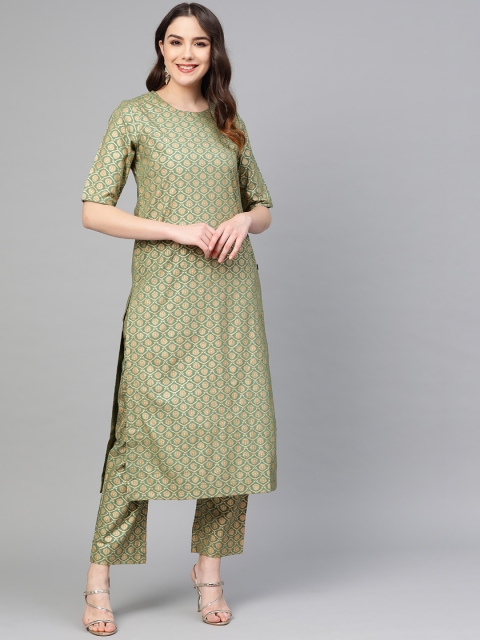 

clorals Women Green & Golden Foil Print Kurta with Trousers