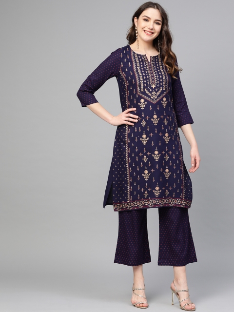 

clorals Women Navy Blue & Golden Foil Print Kurta with Palazzos