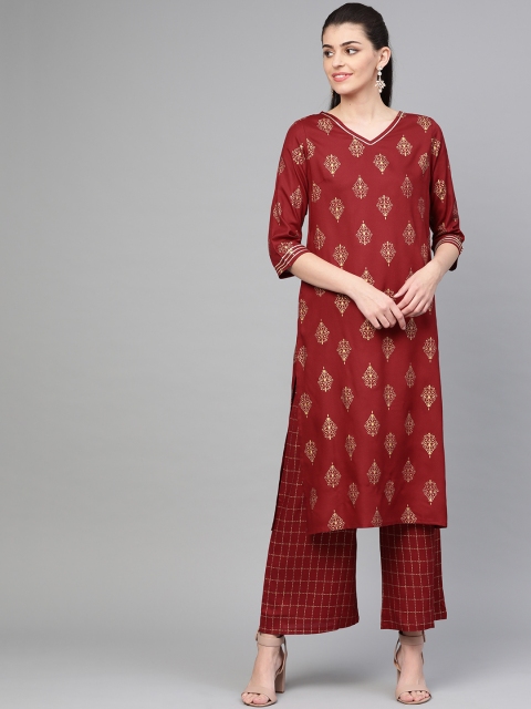 

clorals Women Red & Golden Foil Print Kurta with Palazzos