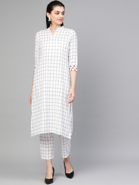 

clorals Women White & Black Checked Kurta with Trousers