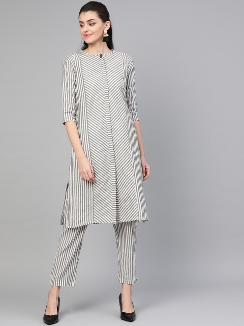 

clorals Women Grey & Off-White Striped Kurta with Trousers