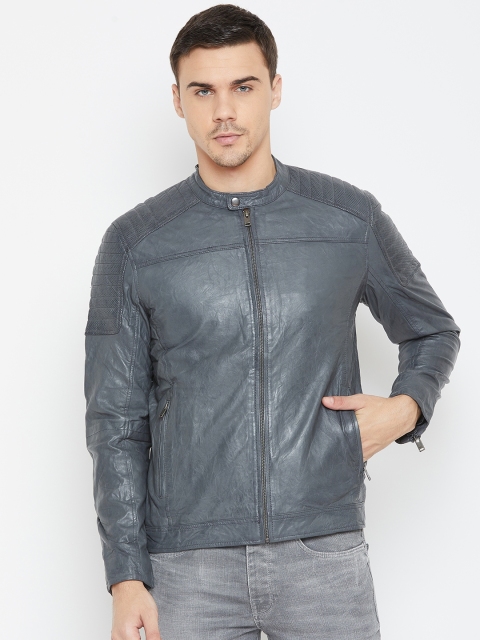 

SELECTED Men Grey Solid Crinkled Leather Jacket