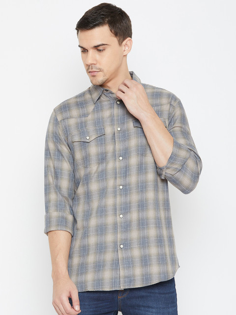 

SELECTED Men Grey & Blue Slim Fit Checked Casual Shirt