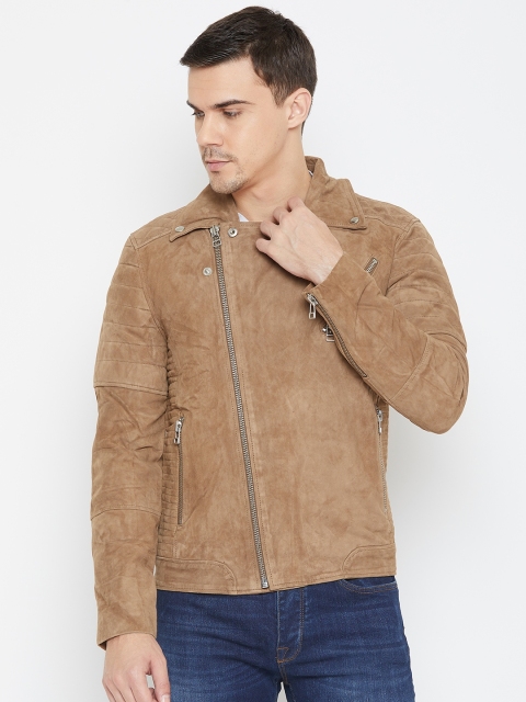 

SELECTED Men Brown Solid Asymmetric Closure Suede Leather Jacket