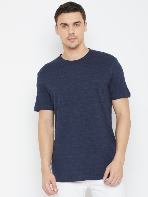 

SELECTED Men Navy Blue Self-Striped Round Neck T-shirt