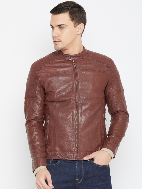 

SELECTED Men Brown Solid Crinkled Leather Jacket