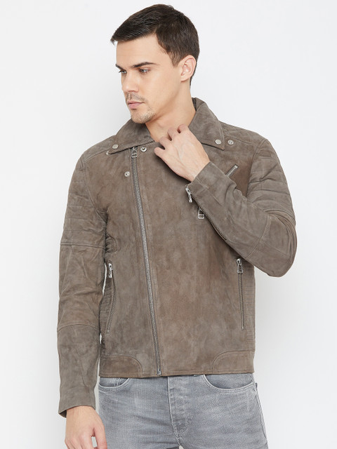 

SELECTED Men Grey Solid Asymmetric Closure Suede Leather Jacket