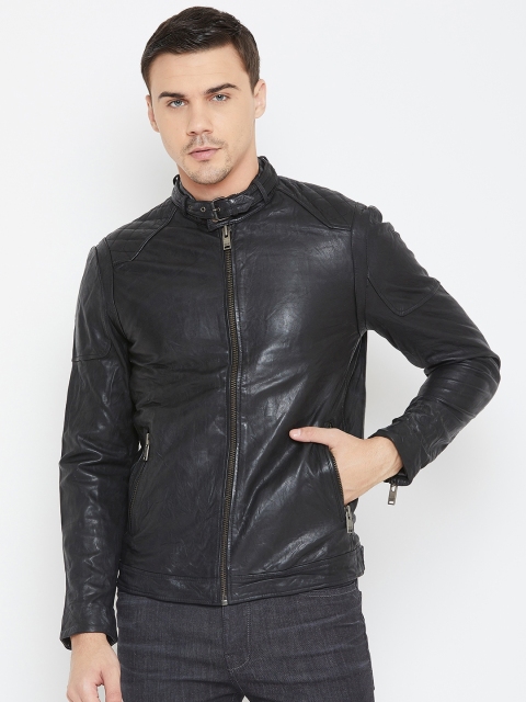 

SELECTED Men Black Solid Asymmetric Closure Leather Jacket