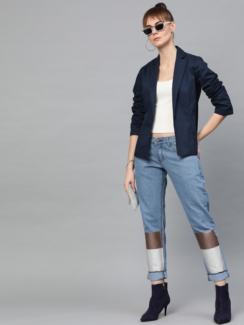 

Popnetic Women Navy Blue Solid Casual Blazer