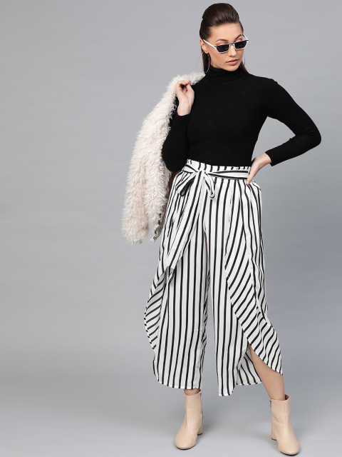 

Popnetic Women White & Black Loose Fit Striped Layered Cropped Parallel Trousers