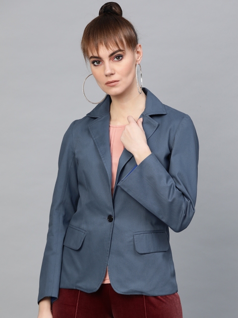 

Popnetic Women Blue Solid Casual Pure Cotton Blazer
