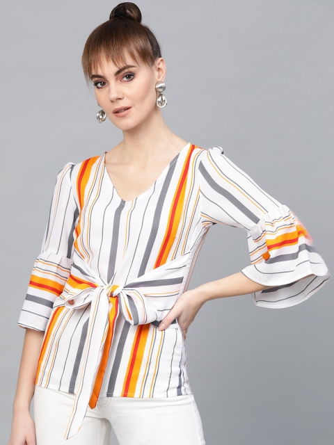 

Popnetic Women White & Orange Candy Striped Top