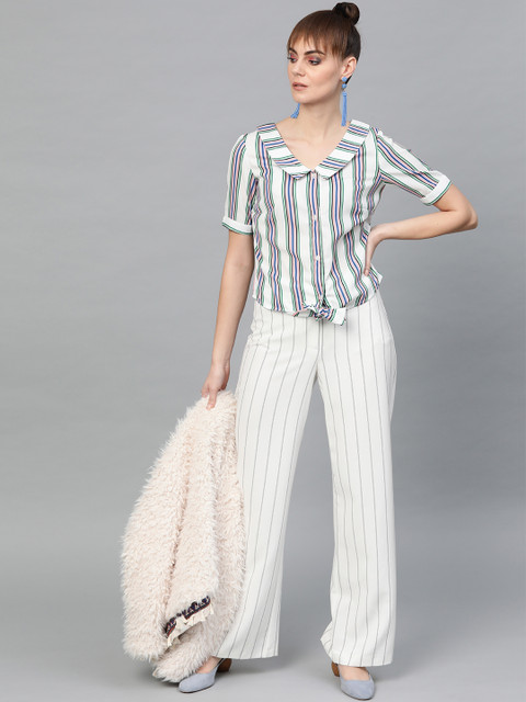 

Popnetic Women White & Green Candy Striped Shirt Style Top