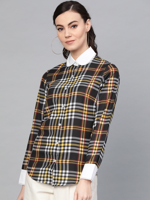 

Popnetic Women Black & Yellow Regular Fit Checked Casual Shirt