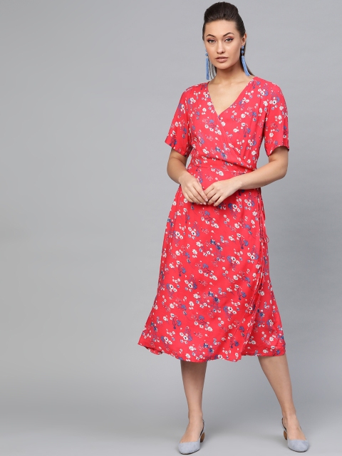 

Popnetic Women Pink & Blue Floral Print Wrap Dress