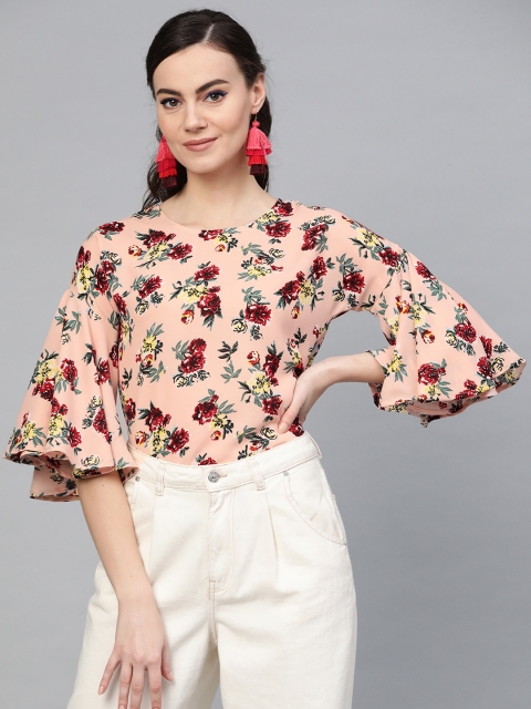 

Popnetic Women Peach-Coloured & Red Floral Print Top