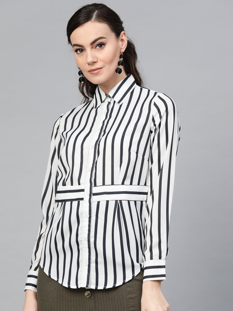 

Popnetic Women White & Navy Blue Striped Casual Shirt