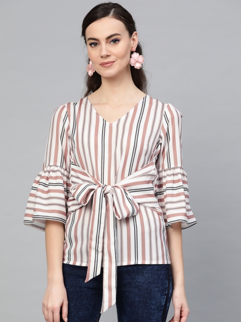 

Popnetic Women White & Peach-Coloured Striped Knot Top