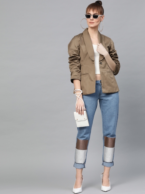 

Popnetic Women Olive Brown Solid Casual Blazer