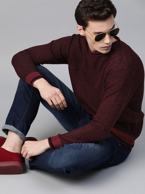 

Metronaut Men Maroon & Black Self Design Pullover Sweater