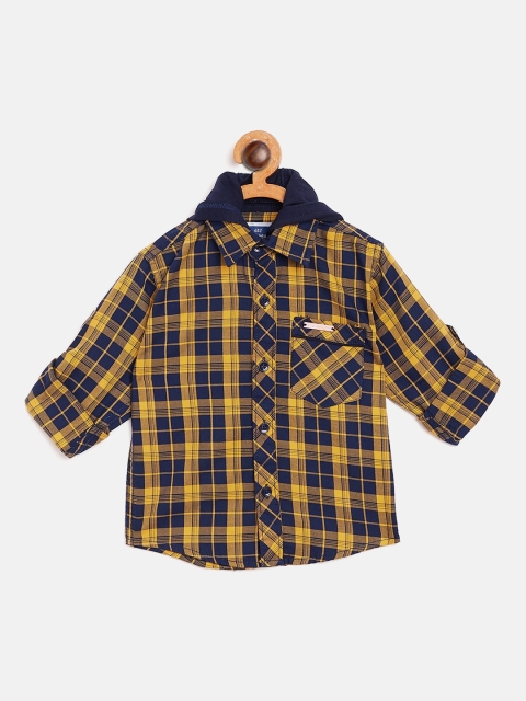 

612 league Boys Mustard Yellow & Navy Blue Regular Fit Hooded Checked Casual Shirt