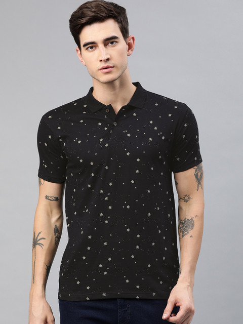 

Kryptic Men Black Printed Polo Collar Pure Cotton T-shirt