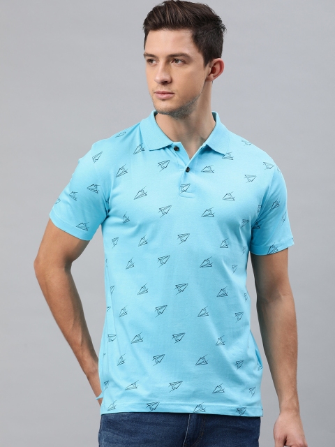 

Kryptic Men Turquoise Blue Printed Polo Collar Pure Cotton T-shirt