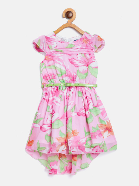 

612 league Girls Pink & Green Floral Print Fit and Flare Dress with Belt