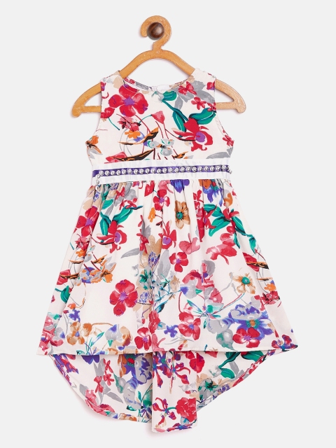 

612 league Girls Off-White & Red Floral Printed Fit and Flare Dress