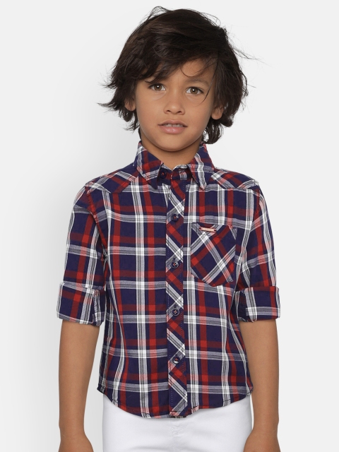 

612 league Boys Navy Blue & Red Regular Fit Checked Casual Shirt