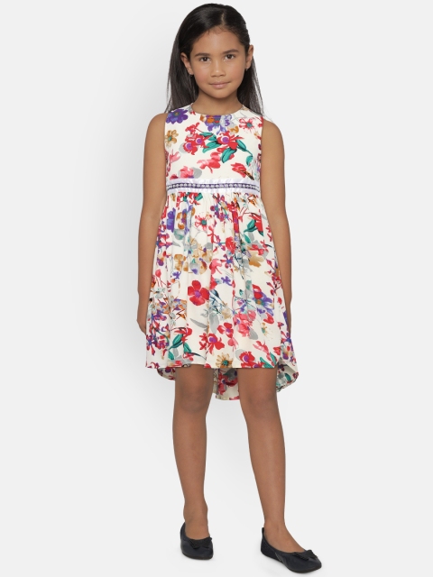 

612 league Girls Off-White & Red Floral Printed A-Line Dress