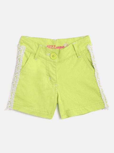 

612 league Girls Fluorescent Green Solid Regular Fit Shorts with Lace Inserts