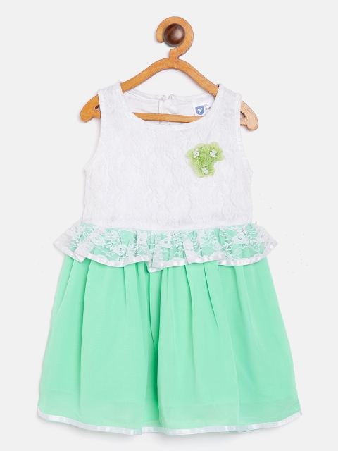 

612 league Girls Green & White Colourblocked Lace Fit and Flare Dress