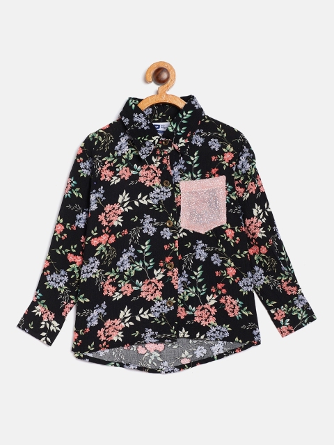 

612 league Girls Black & Green Floral Printed Shirt