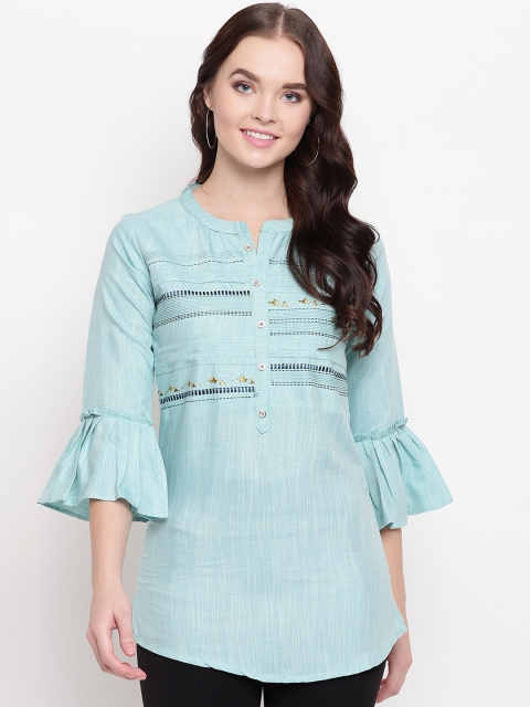 

Kvsfab Women Turquoise Blue Embroidered A-Line Kurti