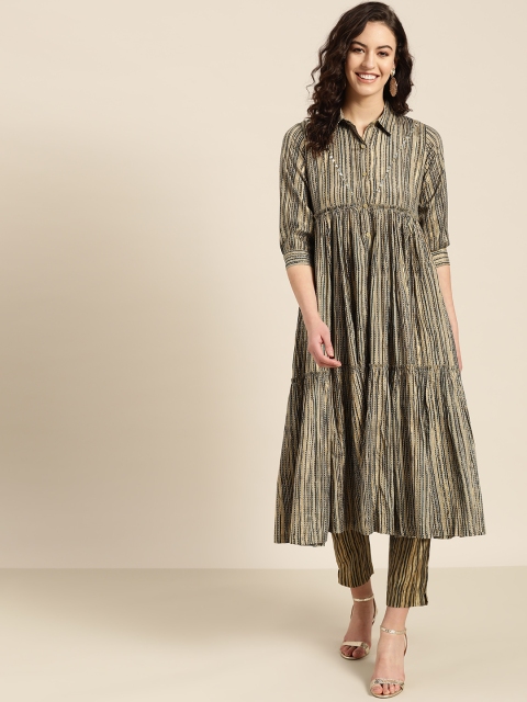 

Sangria Women Olive Brown & Golden Striped Tiered Kurta with Trousers