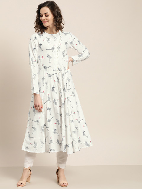 

Sangria Women White & Navy Blue Quirky Print Anarkali Kurta