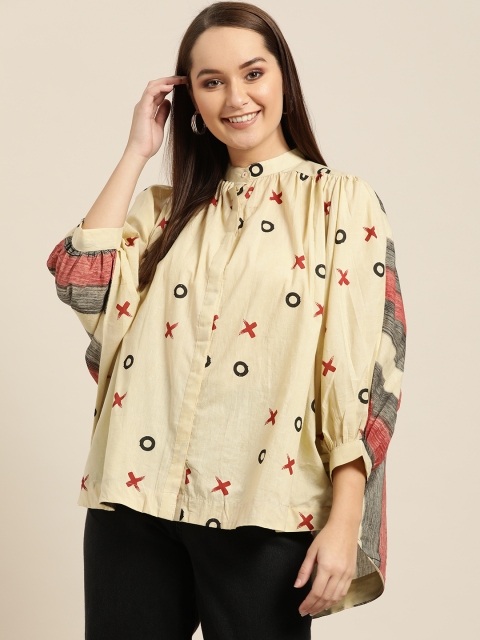 

Sangria Women Cream-Coloured & Black Printed High-Low Top