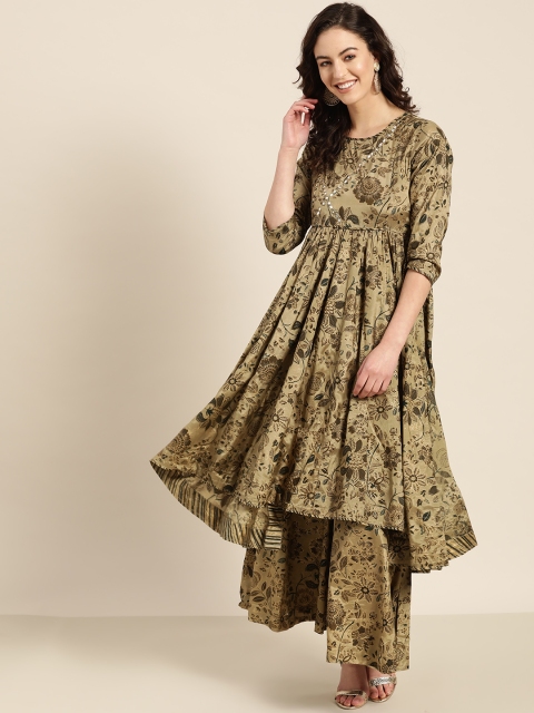 

Sangria Women Olive Green & Golden Printed Kurta with Palazzos