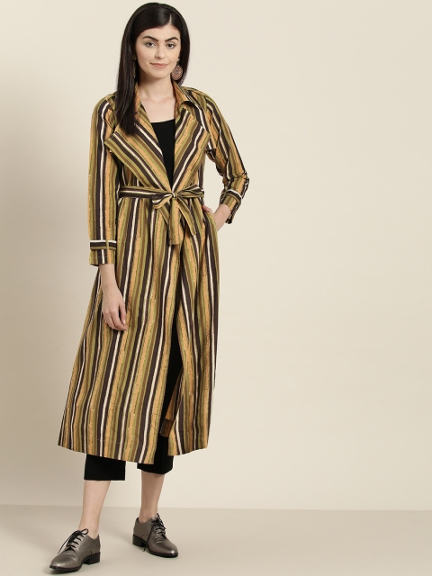 

Sangria Women Olive Green & Beige Striped Longline Ethnic Shrug