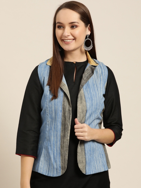 

Sangria Women Blue & Black Printed Open Front Shrug