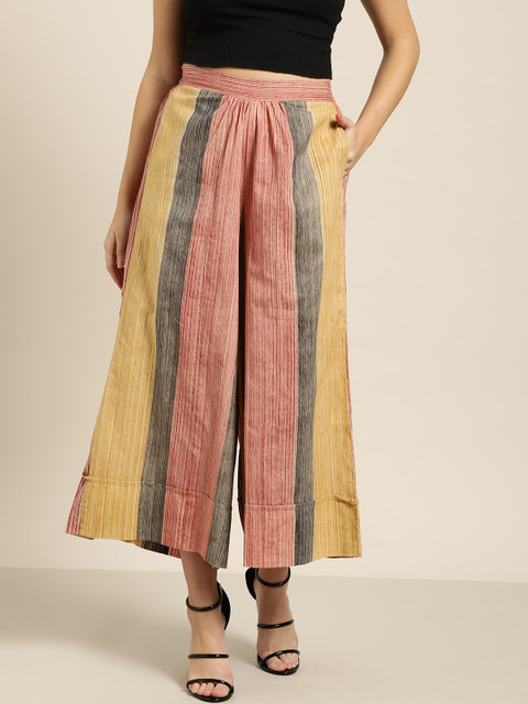 

Sangria Women Mustard Yellow & Pink Striped Wide Leg Palazzos
