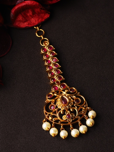 

Rubans Maroon & White Artificial Stone Embellished Gold-Plated Maangtikka