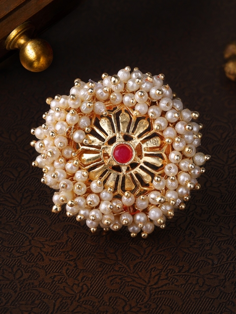 

Rubans White & Red Gold-Plated Faux Pearl Cluster Embellished Enamelled Hand Painted Ring