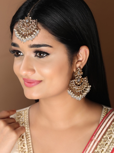 

Rubans White & Peach Coloured Stone Studded Gold Plated Jewellery Set
