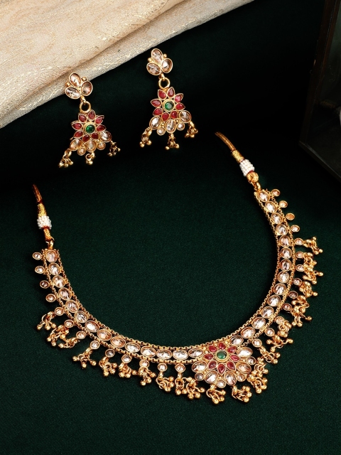 

Rubans Maroon & Peach Coloured Stone Studded Gold-Plated Jewellery Set