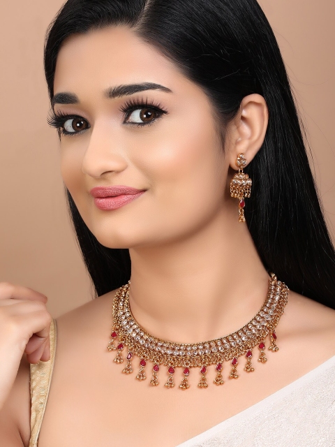 

Rubans Maroon & Peach Coloured Artificial Stone Embellished Gold-Plated Necklace Set