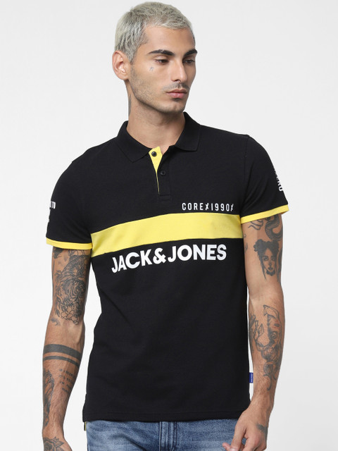 

Jack & Jones Men Black & Yellow Printed Polo Collar T-shirt