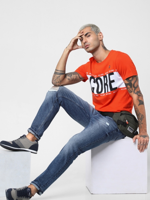 

Jack Jones Men Orange White Regular Fit Printed Round Neck Pure Cotton T-shirt
